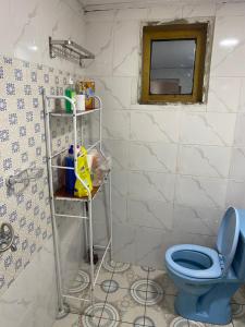 a bathroom with a blue toilet and a mirror at Nid douillet kribi in Kribi +55 photos