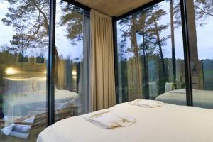 a bedroom with two beds and a large window at Bejas Lux Mirror Houses in Stūri