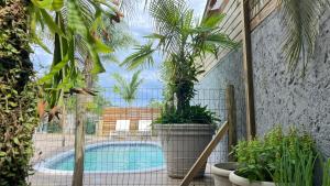 a courtyard with a swimming pool and plants at Casa das Palmeiras in Imbituba +45 photos