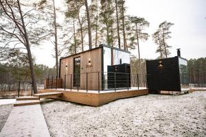 a tiny house in the middle of a field at Bejas Lux Mirror Houses in Stūri +12 photos
