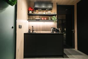 a kitchen with a black island in a room at Bejas Lux Mirror Houses in Stūri