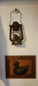 a black bird on a wooden shelf with a lamp at Eskapada in Stronie Śląskie