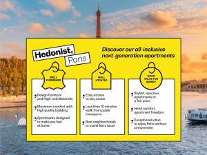 a yellow sign on the water with a tower in the background at Maison Delage in Courbevoie