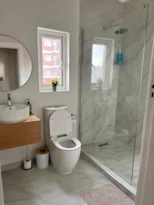 a bathroom with a shower and a toilet and a sink at Bird Rock Sunrise in Gqeberha