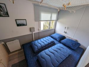 a large blue bed in a room with a window at Beach Resort Kamperland - 1747 in Kamperland