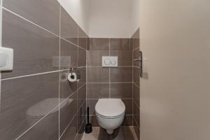 a bathroom with a toilet and a shower stall at Les Sarments in Le Lavandou
