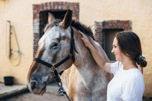 a woman is standing next to a horse at La chevauchée vers les étoiles in Yèvres +7 photos