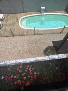 a small swimming pool with flowers in a garden at Casa das Palmeiras in Imbituba
