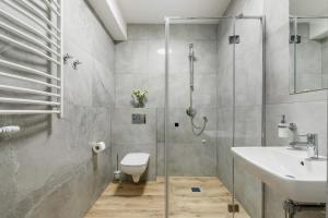 a bathroom with a shower and a toilet and a sink at Apartamenty Polna 60 in Żory