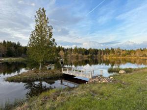 a dock in the middle of a lake with a tree at Flora Studio on the Lake in Saint Martins