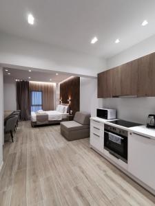 a kitchen and living room with a couch and a bed at O!live Fully Equipped Apartments with Unique Design in Athens