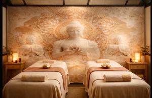a room with three buddha statues on a wall at Casa Caloura Ocean Deluxe Accommodation & Spa in Lagoa