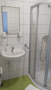 a bathroom with a sink and a shower with a mirror at Bed & Parking Eurobit in Hrušky +18 photos