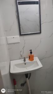 a bathroom with a white sink and a mirror at Kozy Cottage udaipur in Udaipur +37 photos