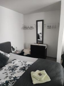 a bedroom with a large bed and a mirror at Sweet Home in Hameln