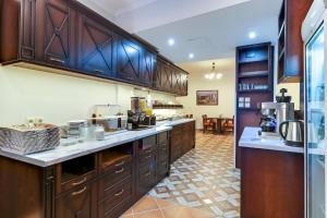 a large kitchen with wooden cabinets and a counter top at Elena Guesthouse in Kalabaka