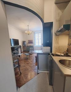 a kitchen with a counter top and a living room at Le Royal Dijonnais - Centre Ville in Dijon +22 photos