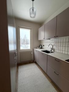 a kitchen with a sink and a window at 50s Atmospheric Suite in Turku