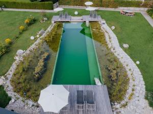 an overhead view of a swimming pool in a backyard at Hotel Goldener Stern in Abtenau