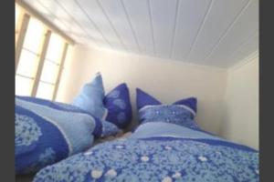 a bedroom with blue pillows on a bed with a window at Ferienwohnung Fritz in Zinnowitz