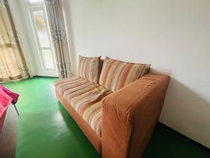 a brown couch in a room with a green floor at Sisila villa ella in Ella