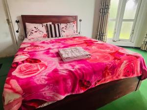 a bed with a red blanket on top of it at Sisila villa ella in Ella