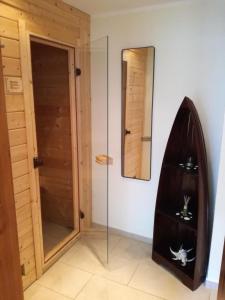 a bathroom with a glass shower and a mirror at Ferienwohnung Annika mit Sauna in Zinnowitz