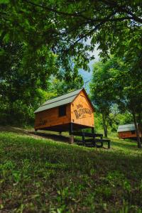 a small wooden cabin in a field with trees at Agronidi Baladin StarsBox in Piozzo
