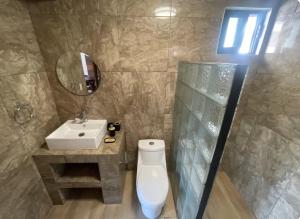a bathroom with a toilet and a sink at Cabañas Los Angeles in Valle de Bravo