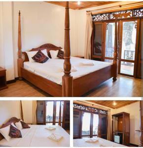 two pictures of a bedroom with a bed and a window at Colonial House Mekong River View in Luang Prabang