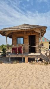 a log cabin with a thatched roof on the beach at Terema Lodge in Kanuma