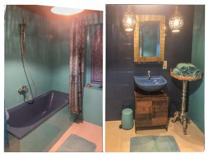zwei Bilder eines Badezimmers mit Badewanne und Waschbecken in der Unterkunft Manderscheid in Manderscheid