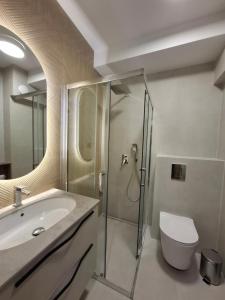 a bathroom with a shower and a toilet and a sink at Apartamenty Skalny Loft in Karpacz +12 photos
