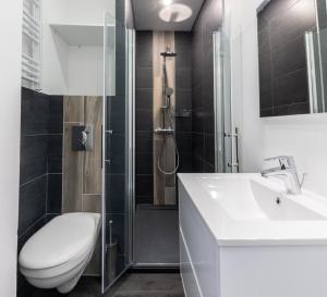 a bathroom with a toilet and a sink and a shower at L'Évolution, 1 suite et jardin privé in Vesoul