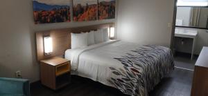 a hotel room with a large bed and a chair at Red Roof Inn Leeds in Leeds +25 photos