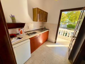 a kitchen with a sink and a stove top oven at Tzilios Studios in Acharavi
