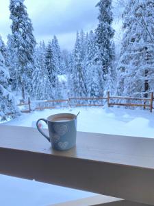 a coffee cup sitting on a window sill in the snow at Chata Ballek Oravice in Vitanová