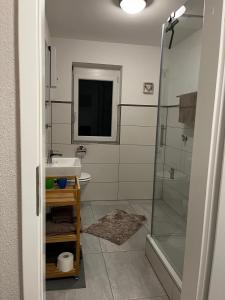 a bathroom with a sink and a shower at Ferienwohnung Brönnleins in Koblenz