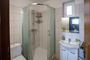 a bathroom with a shower and a toilet and a sink at noclegi u zabki in Ełk +58 photos