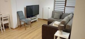 a living room with a couch and a flat screen tv at Poduszka Apartamenty Zdrojowe in Nałęczów
