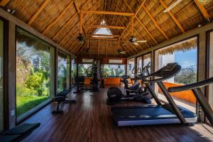 a gym with treadmills and ellipticals in a room with windows at Alamar Vallarta in Cruz de Huanacaxtle