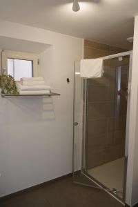 a bathroom with a shower and some towels on a shelf at SOUS LES PLATANES in Velaux