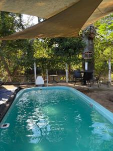 a swimming pool with an umbrella in a yard at Casa Beira Rio in Araras