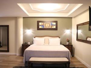 a bedroom with a large bed and a mirror at Minas Platinum Hotel & Convention in Conselheiro Lafaiete +68 photos