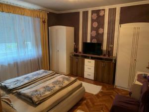 a bedroom with a bed and a television in it at Beni Apartman in Balatonlelle