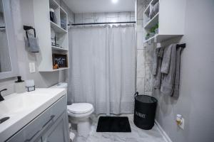 a white bathroom with a toilet and a shower at BOHO-MOD STUDIO APARTMENTs in Ferris