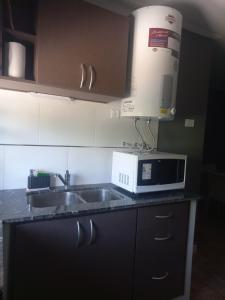 a kitchen with a sink and a microwave at Paramecó in Balneario Claromecó