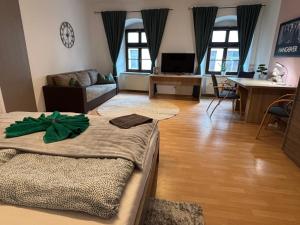 a living room with a bed and a couch at Macabu Apartment Porto in Plauen