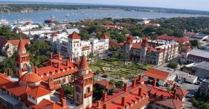 an aerial view of a city with a clock tower at St Augustine Island, King Bed, Beach Living in St. Augustine