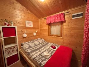 a small room with a bed in a wooden cabin at W Malinowym Chruśniaku in Nowa Słupia